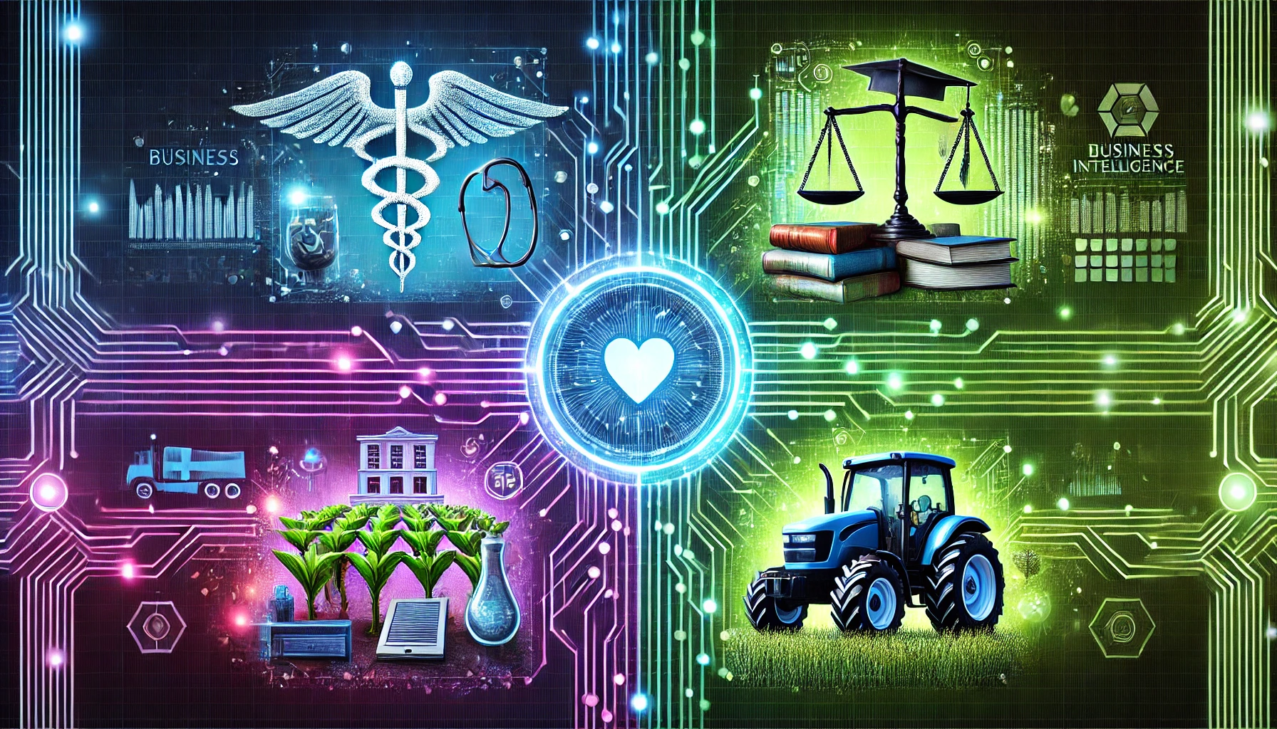 four quadrants representing healthcare, education, agriculture, and legal services